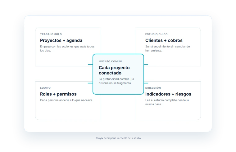 El proyecto como núcleo común de una planta que incorpora trabajo individual, estudio pequeño, equipo y dirección a medida que el estudio crece.