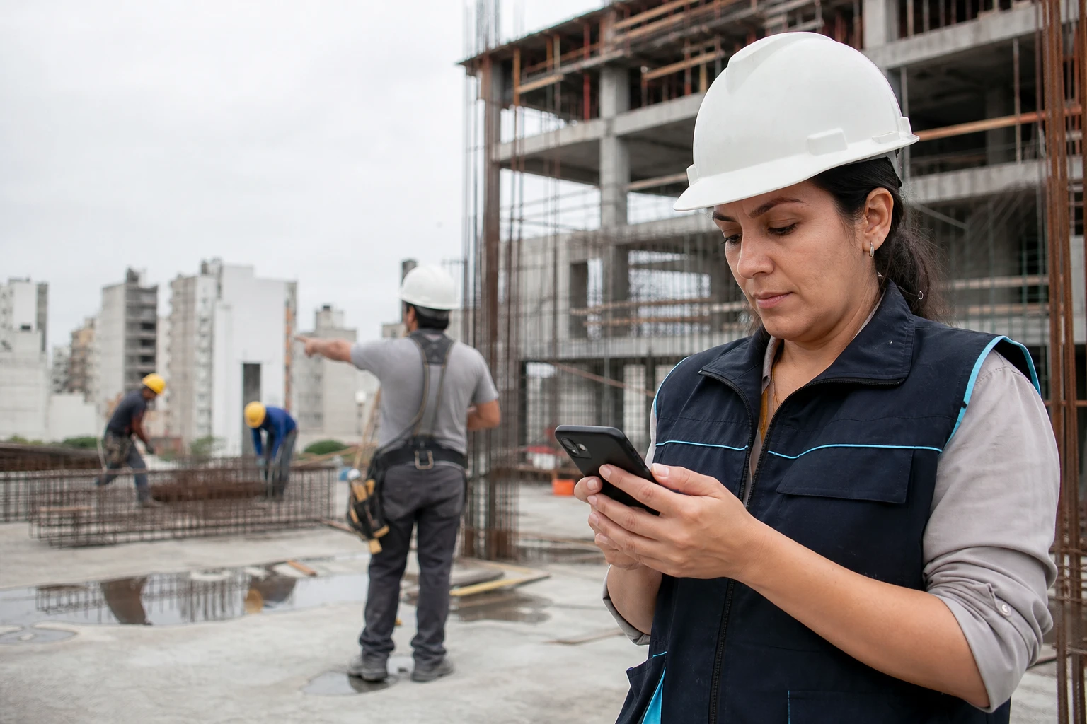 Responsable de obra consultando su teléfono en una construcción, con el equipo trabajando detrás.
